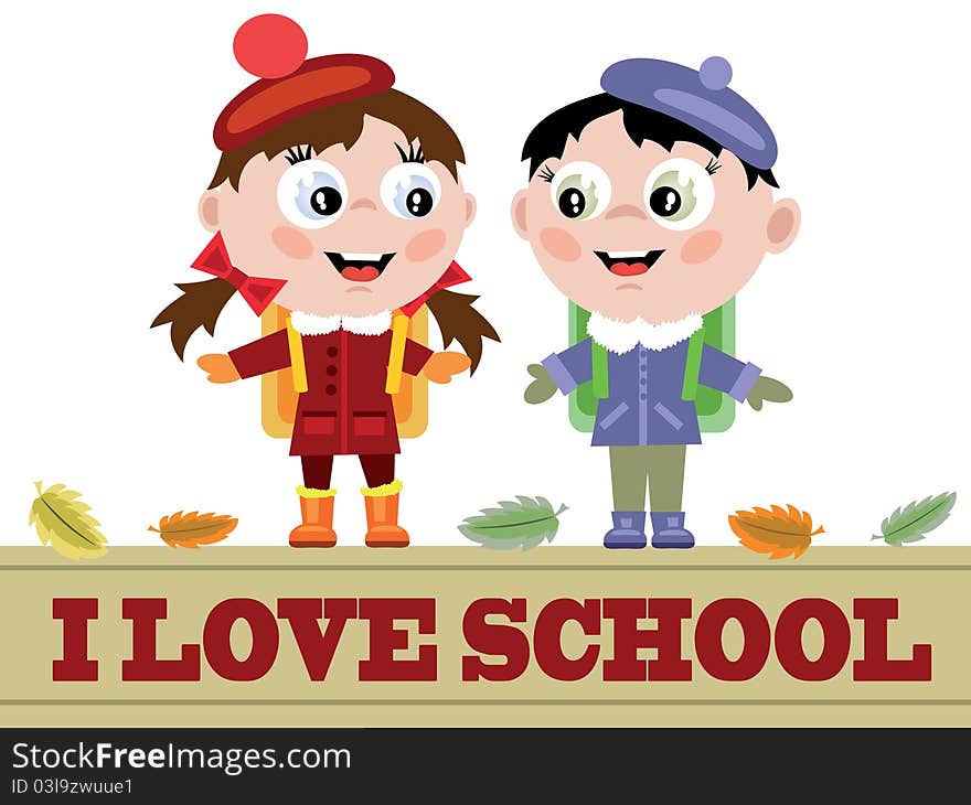 School background with pupils and,wordsI love school.