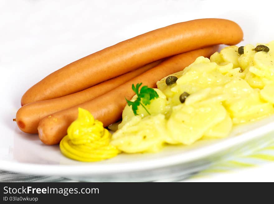 Fresh boiled Frankfurter Sausage with mustard,potato