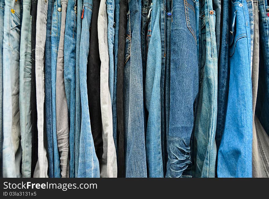 Variety color of jeans texture , closeup background