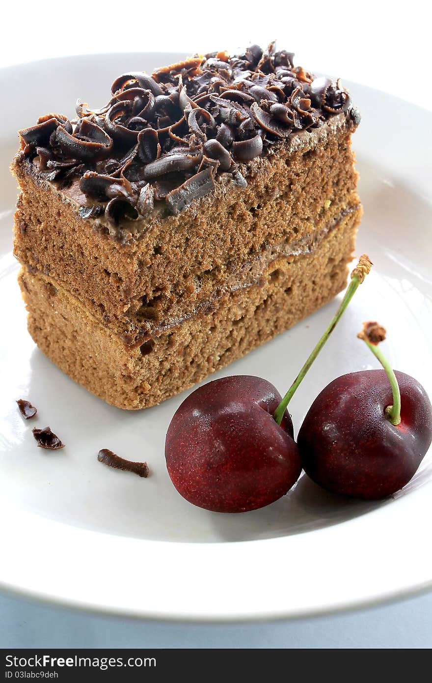 A slice of chocolate cake on white plate