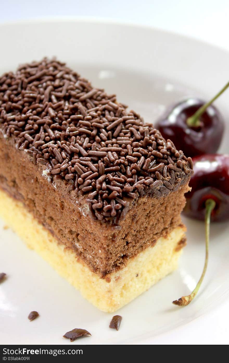 A slice of chocolate cake on white plate