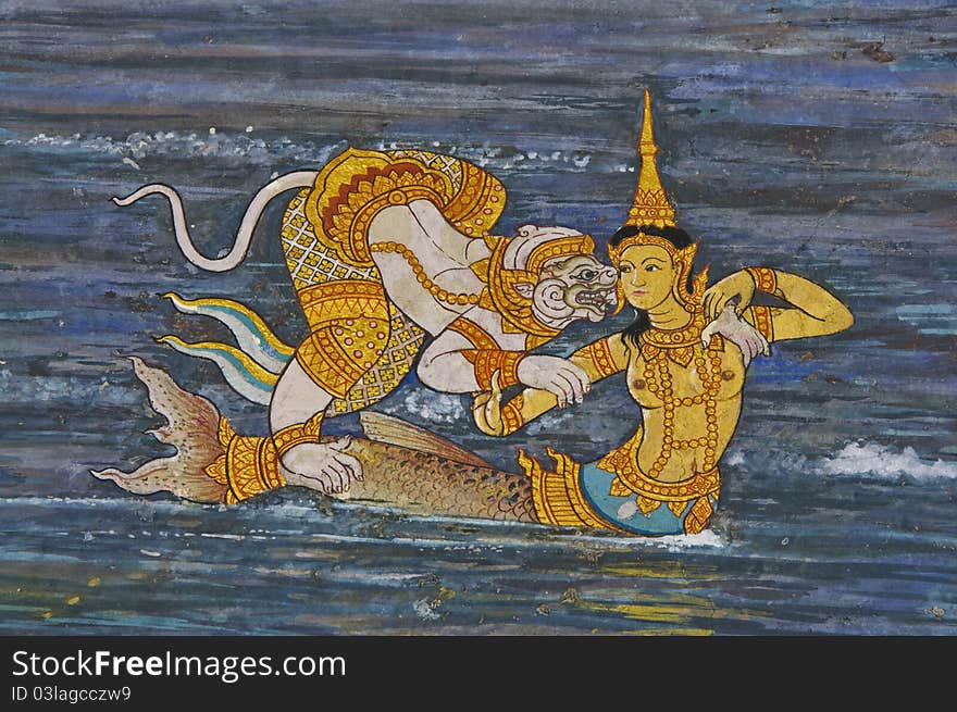 Tale animal in native Thai style painting on wall of Buddhist church. Tale animal in native Thai style painting on wall of Buddhist church