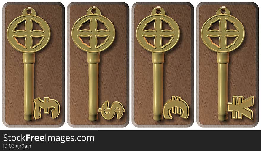 Four golden keys in a shape of money symbols. Four golden keys in a shape of money symbols