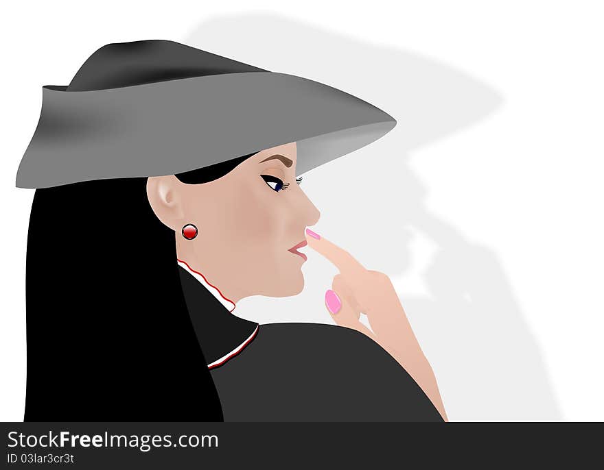 Profile portrait of a woman with grey hat and coat touching her lips with one finger. Profile portrait of a woman with grey hat and coat touching her lips with one finger