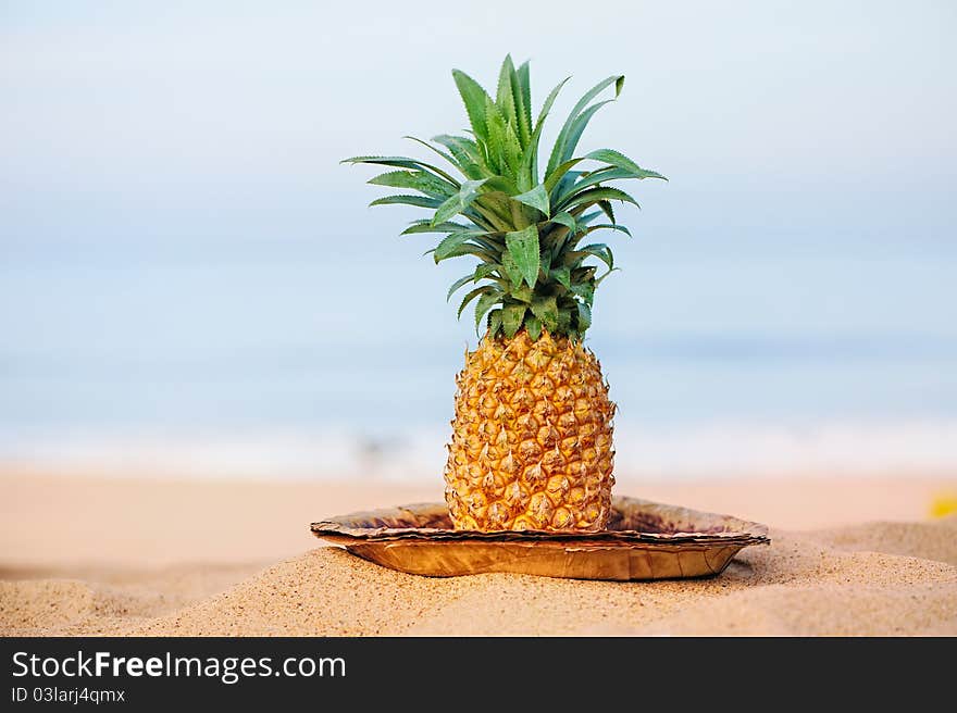 Pineapple on the leaves plate on the sand shore