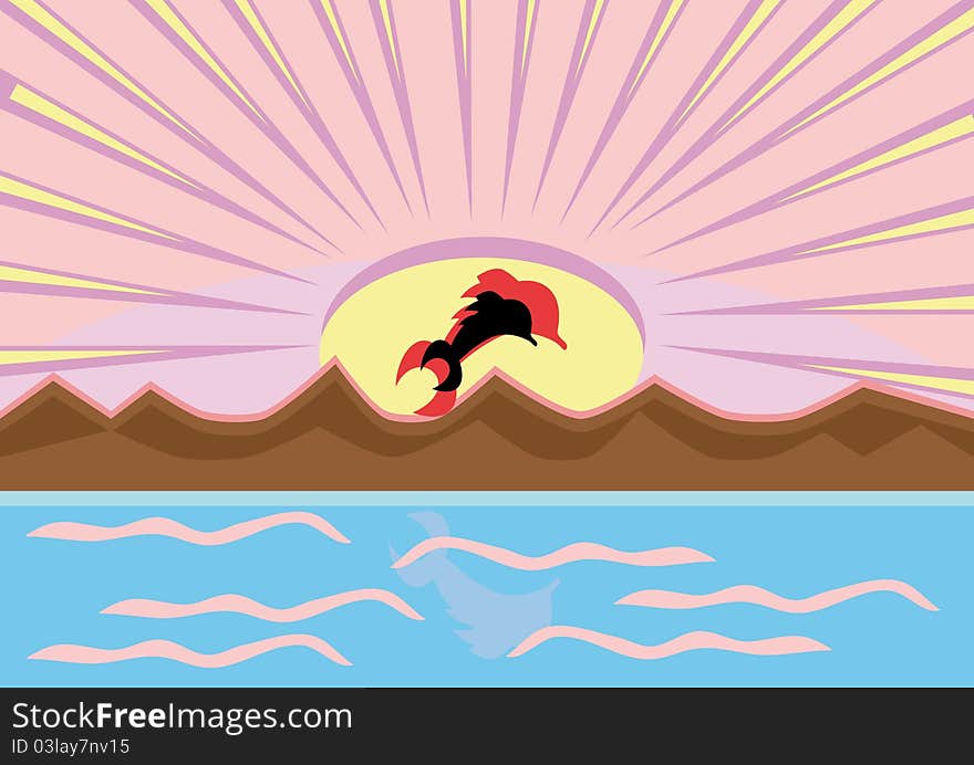 Dawn on the sea and dolphins. Illustration.