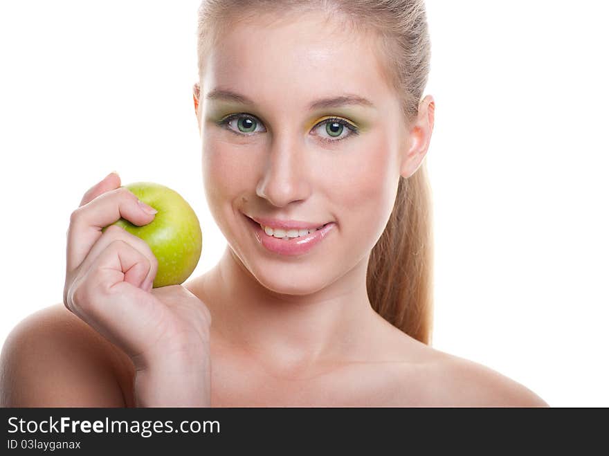 Young happy smiling woman with apple, isolated on white