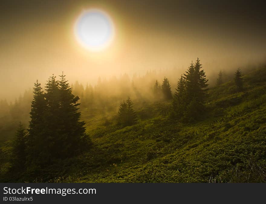 Foggy mountain sunset