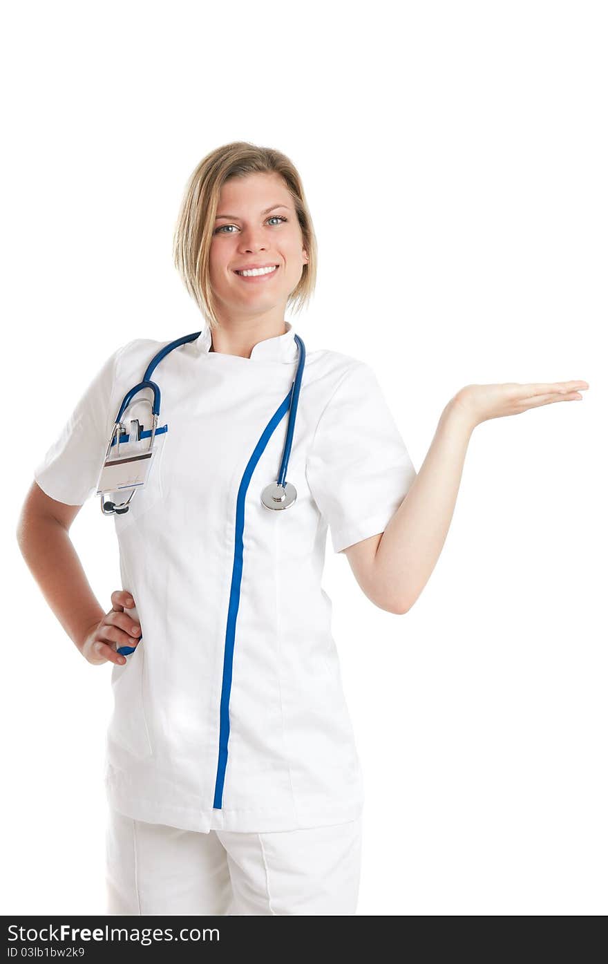 Happy smiling female doctor holding or presenting something on her empty hand. Happy smiling female doctor holding or presenting something on her empty hand