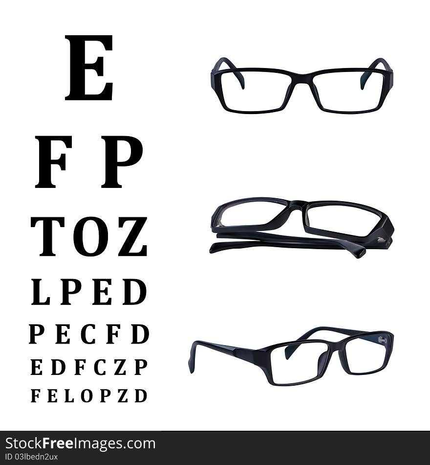 Eye glasses with eye chart isolated on white background without shadow. Clipping paths . Eye glasses with eye chart isolated on white background without shadow. Clipping paths .