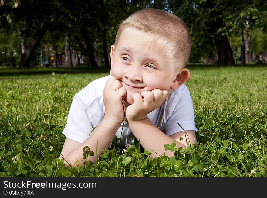 Portrait the boy, laying on a grass, supporting a head hands. Portrait the boy, laying on a grass, supporting a head hands