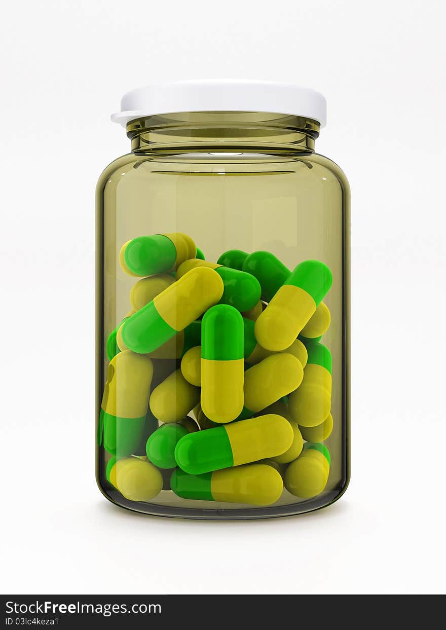 Green-yellow pills in closed glass medical bottle with plastic cap isolated on white background. Green-yellow pills in closed glass medical bottle with plastic cap isolated on white background