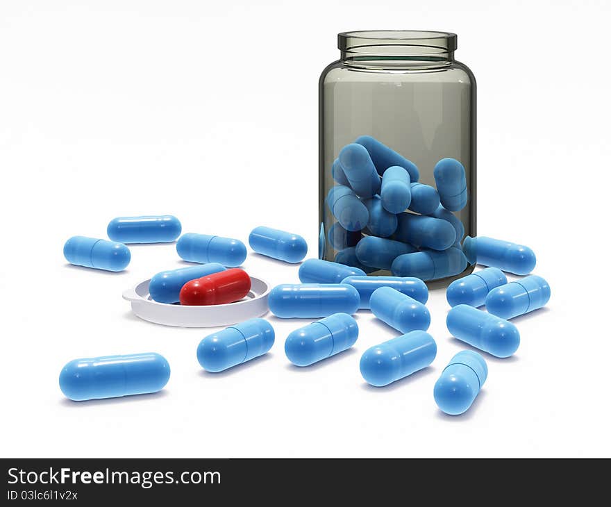 Blue and one red pills in glass medical bottle with plastic cap on white background, isolated. Blue and one red pills in glass medical bottle with plastic cap on white background, isolated