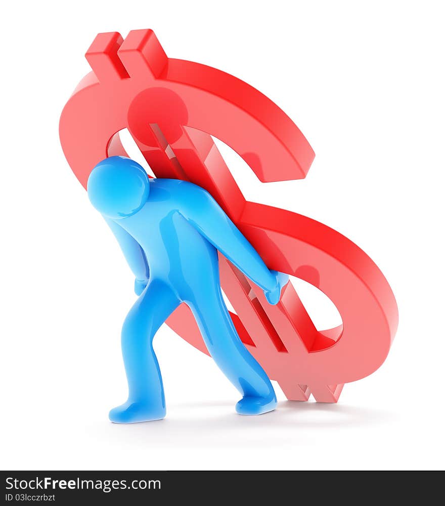 Blue man figure carring red dollar sign, isolated on white background, 3d render. Blue man figure carring red dollar sign, isolated on white background, 3d render