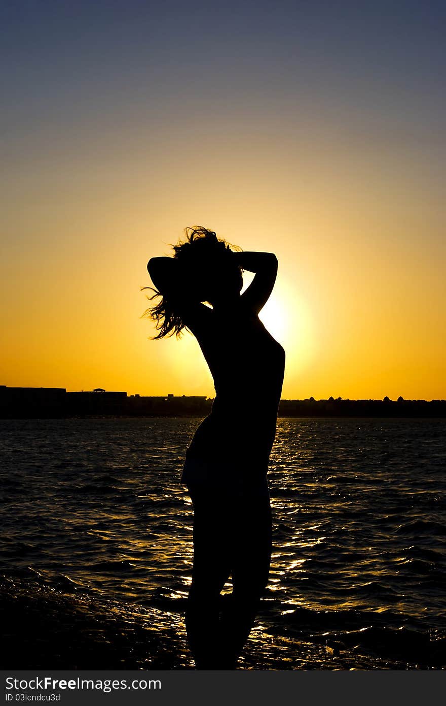 Girl's silhouette on the sunset