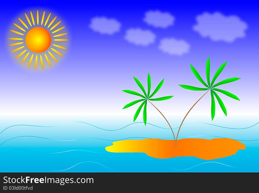 Tropical island with sea, sun and palm tree