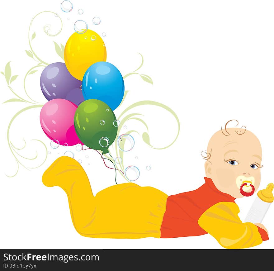 Baby and colorful balloons. Illustration