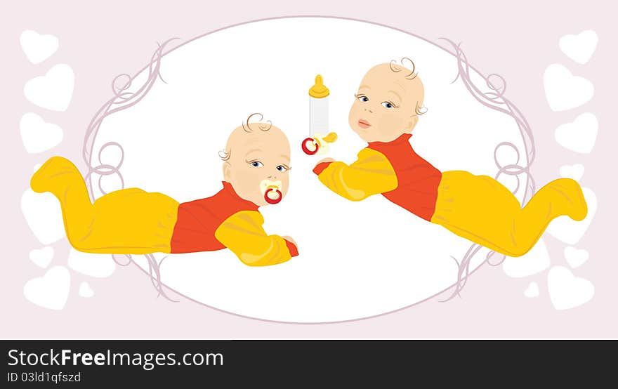 Baby twins on the decorative background. Illustration