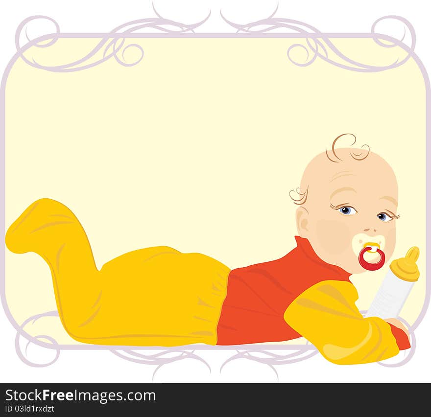 Baby with milk bottle. Child food. Illustration