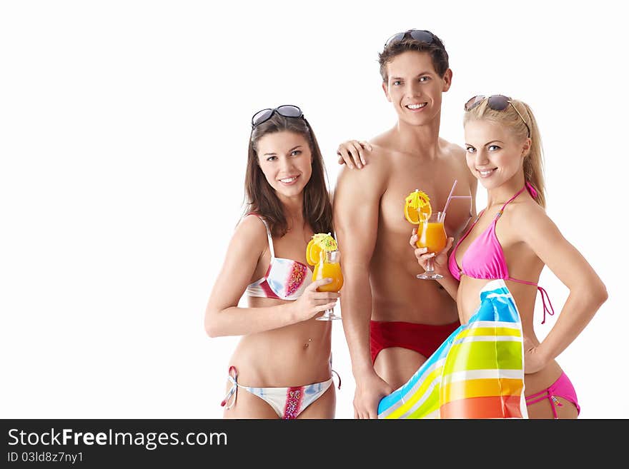 Attractive young men with a cocktail on a white background. Attractive young men with a cocktail on a white background