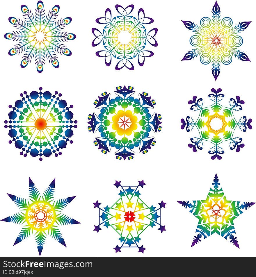 Nine original and rainbow's snow-flakes, vector, decoration, christmas, new year. Nine original and rainbow's snow-flakes, vector, decoration, christmas, new year