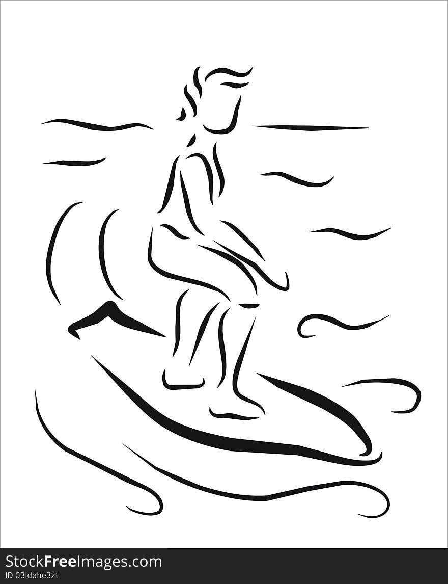 Sportman surfing in the sea made with black traces