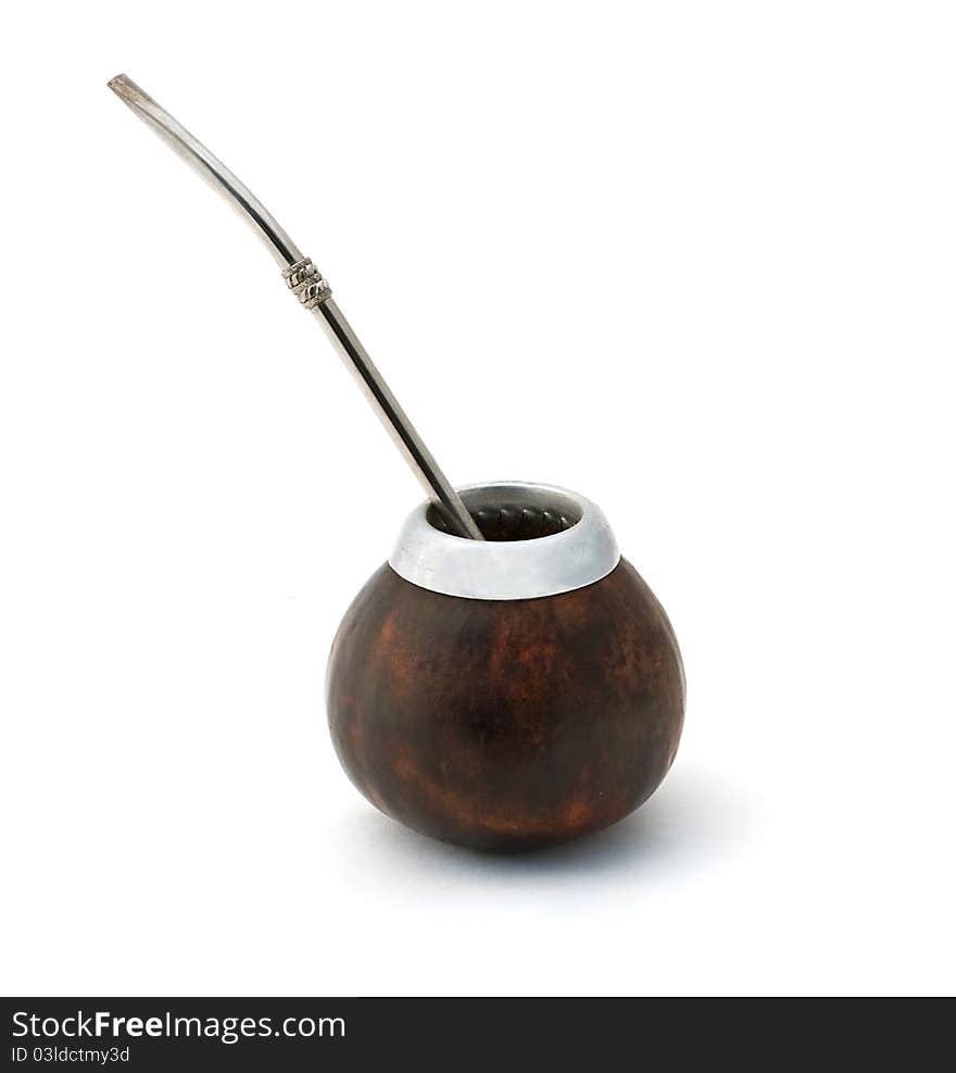 Mate calabash gourd with bombilla against a white background