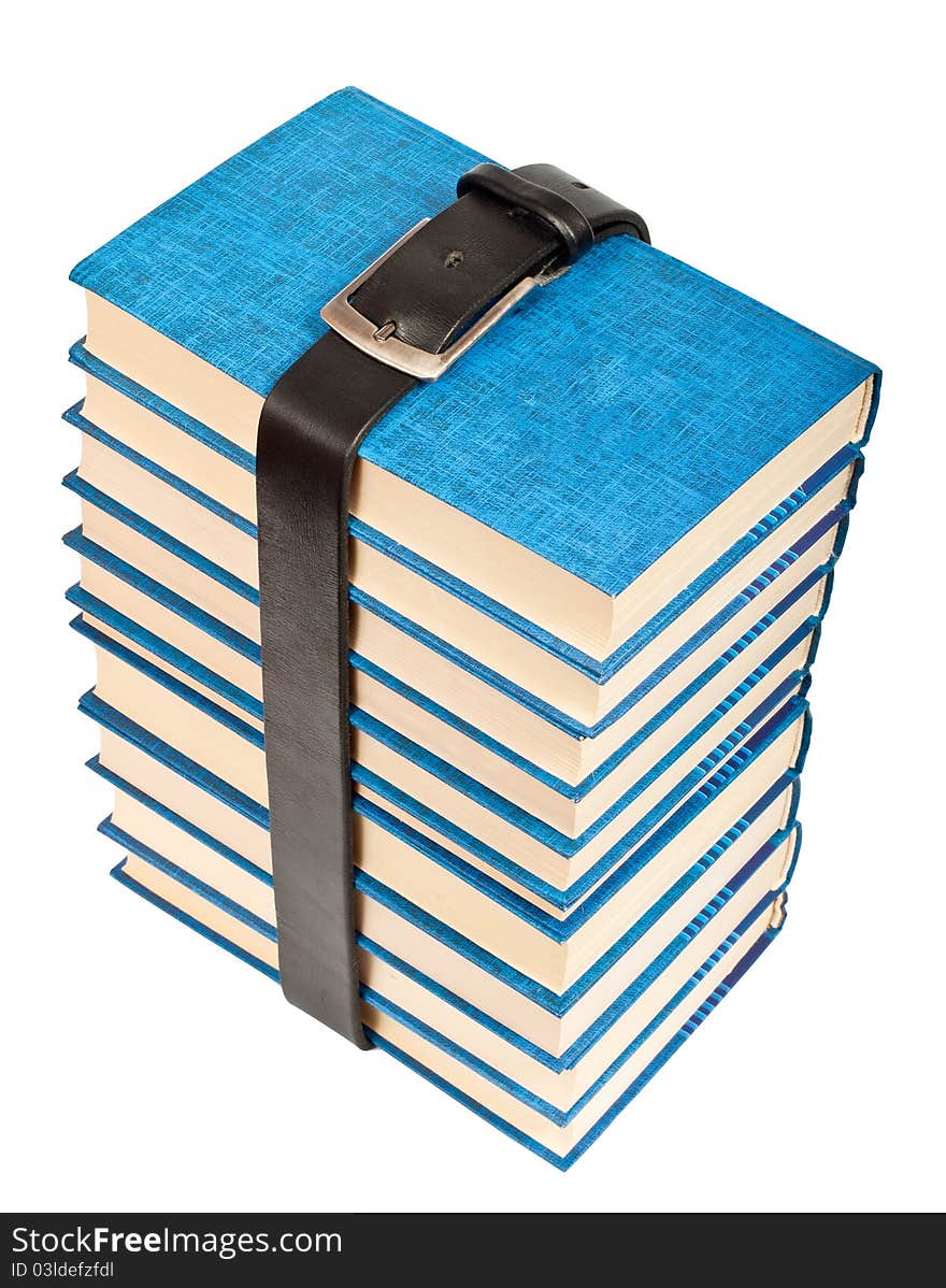 Many books tightened with black leather belt. Many books tightened with black leather belt