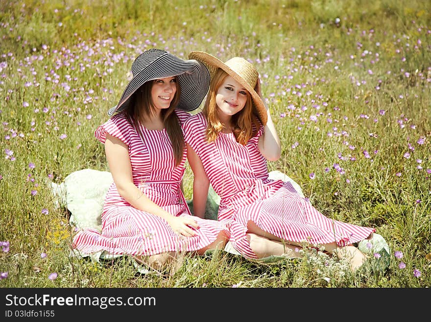 Two girls at contryside in red dresses. Two girls at contryside in red dresses.