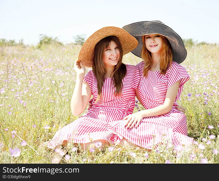 Two girls at contryside in red dresses. Two girls at contryside in red dresses.