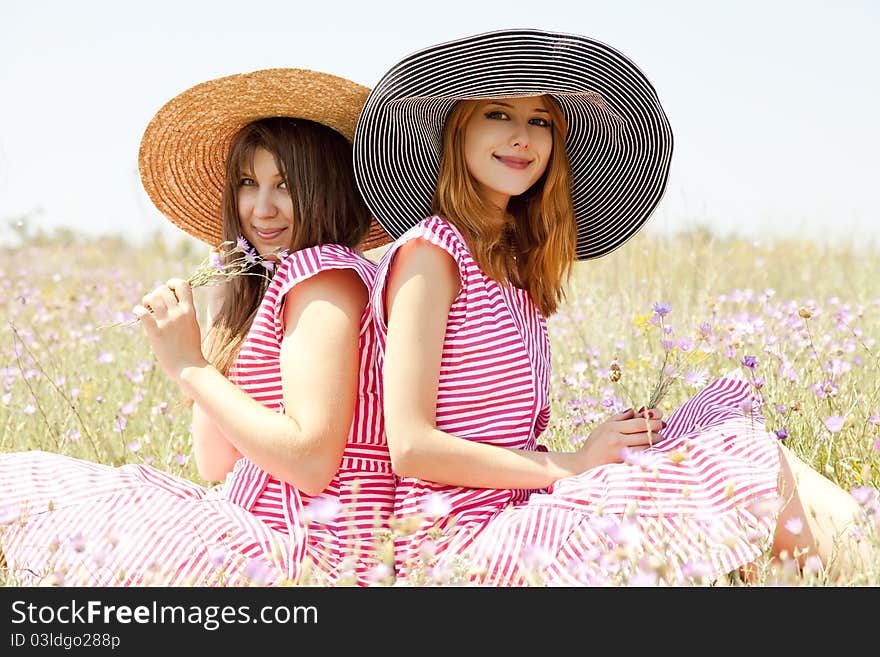 Two girls at contryside in red dresses. Two girls at contryside in red dresses.