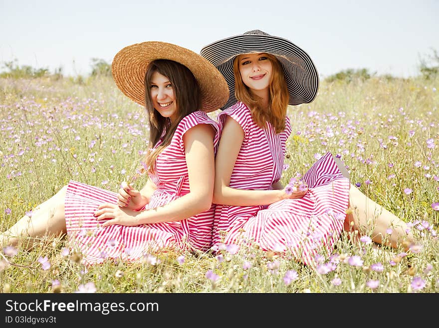 Two girls at contryside in red dresses. Two girls at contryside in red dresses.