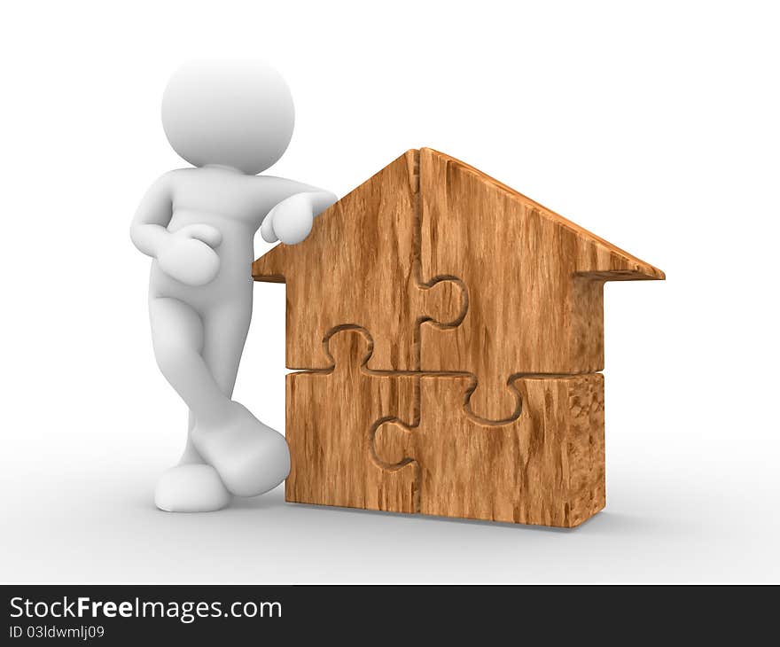 3d people - human character supported by a house puzzle pieces - 3d render illustration. 3d people - human character supported by a house puzzle pieces - 3d render illustration