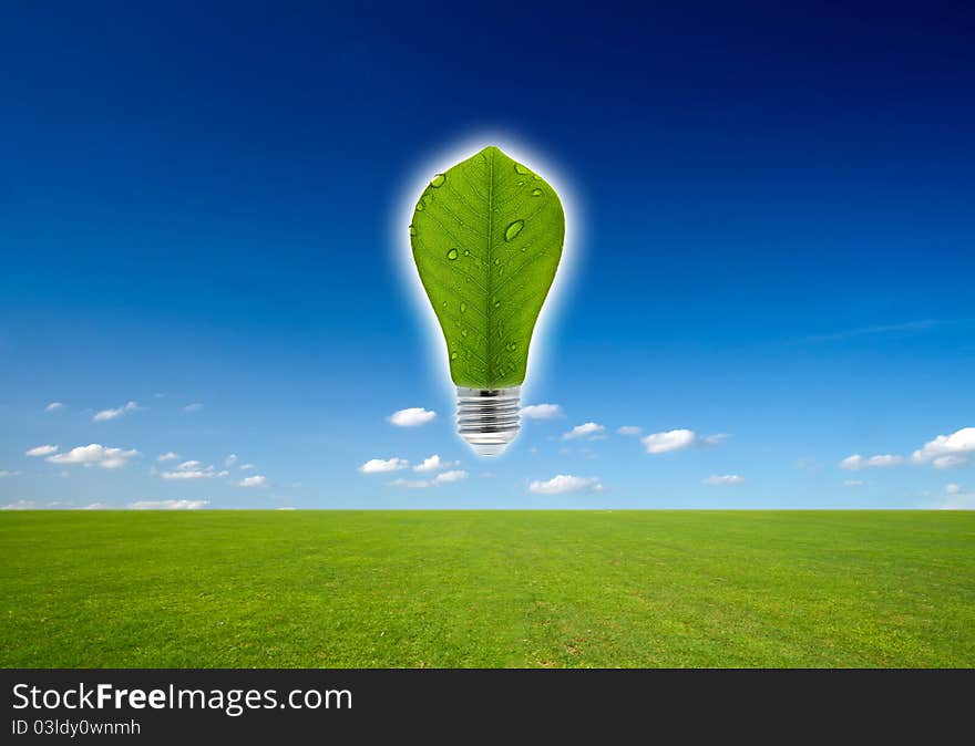 Leaf and lamp mixed together, over blue sky and green meadow. Leaf and lamp mixed together, over blue sky and green meadow.