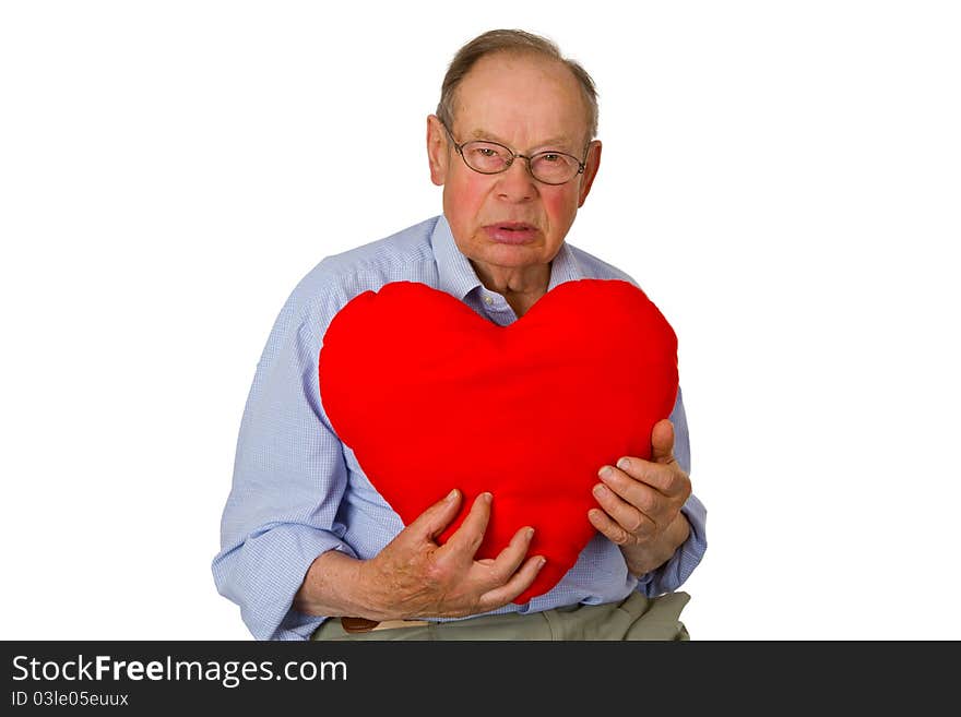 Male senior red heart isolated on white background.