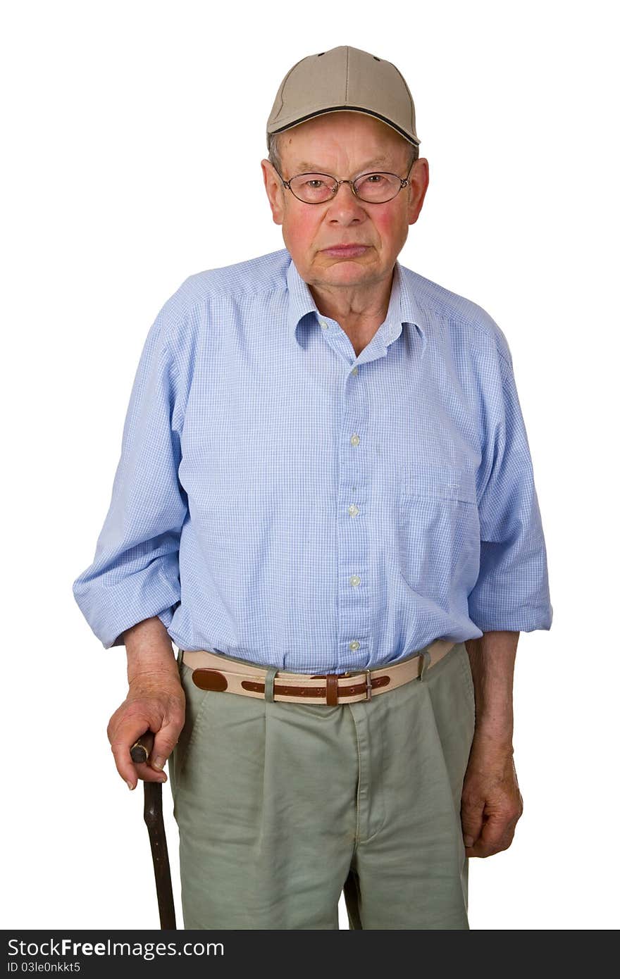 Male senior with walking stick isolated on white background.