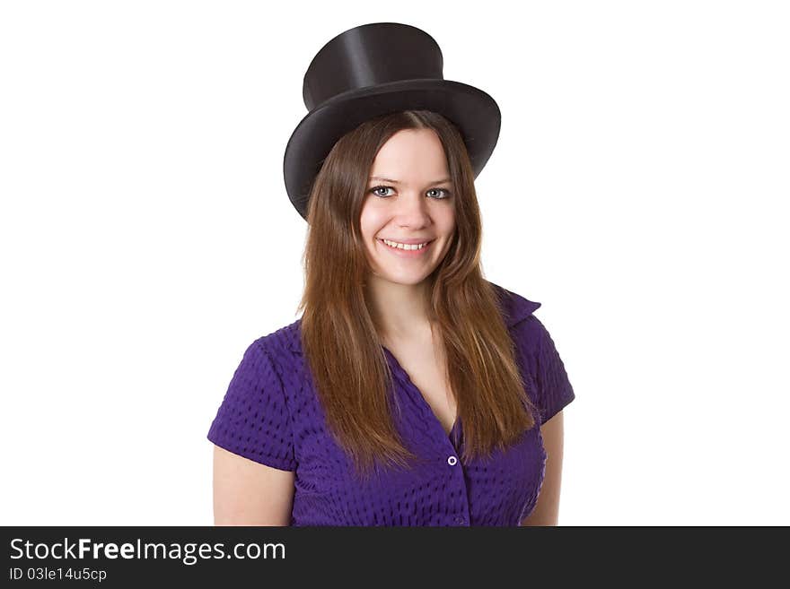 Attractive young woman with  Chapeu Claque isolated on white background