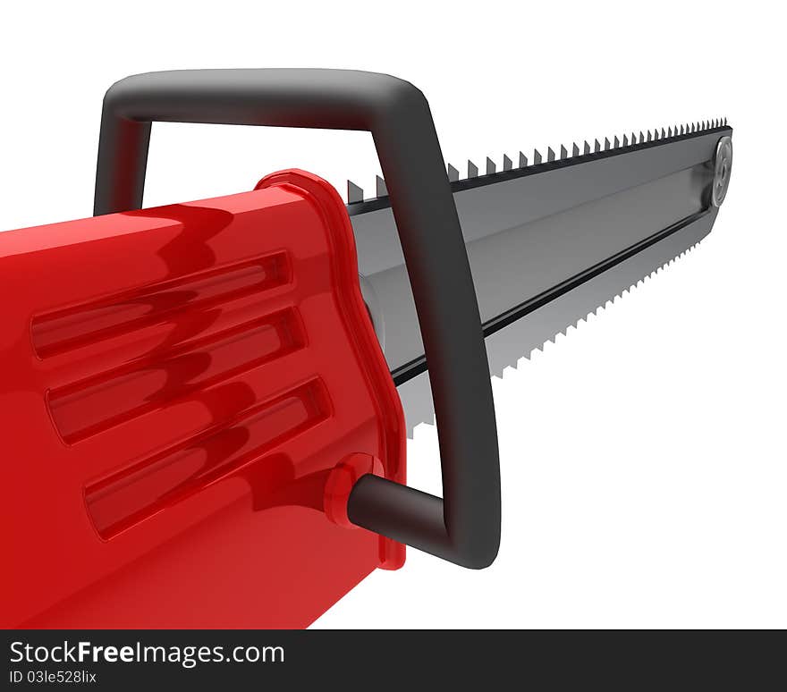 Angle view of red chainsaw isolated