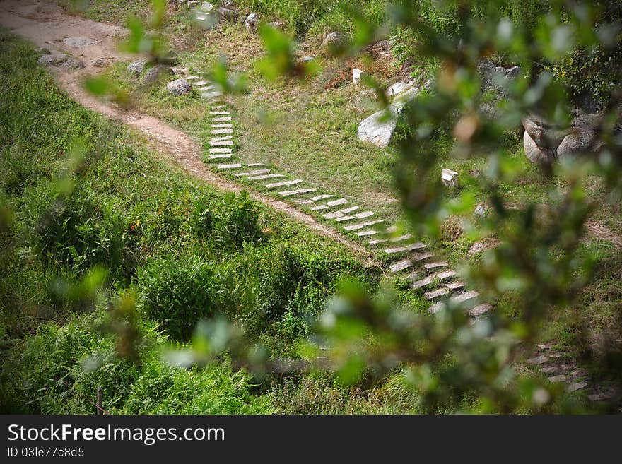 Cute trail with wooden steps leading across the meadow. Cute trail with wooden steps leading across the meadow