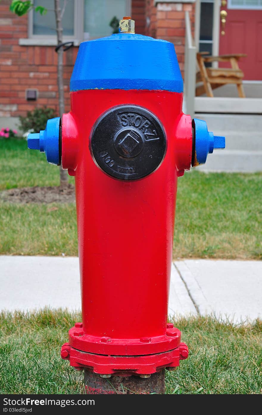 Residential area fire hydrant with red bonnet and blue nozzle caps.