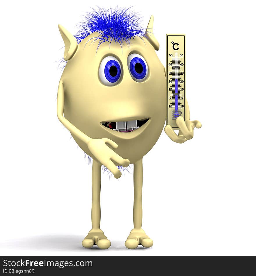 Haired puppet holding big plastic thermometer