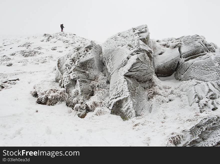 Frozen rocks in the mountains at winter