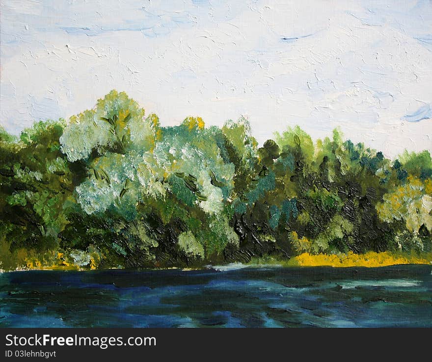 Trees near the water oil painting