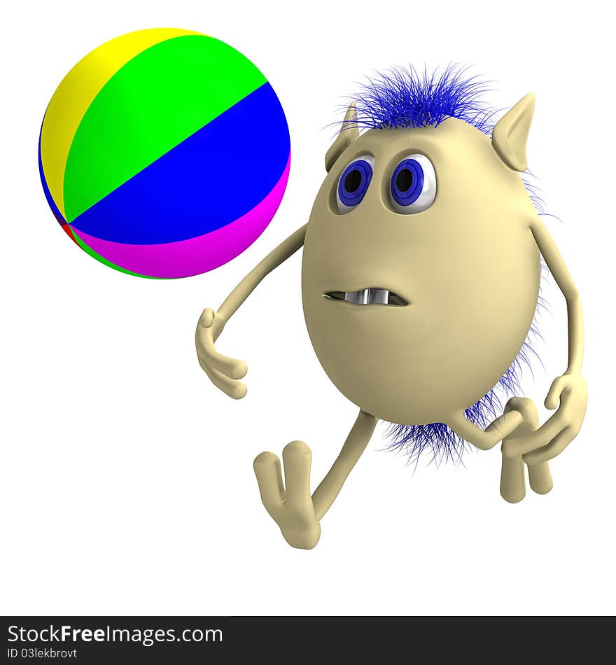 Haired 3D Puppet Playing With Colorful Ball