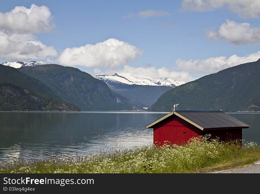 Norway scenery of Sognefjord with house, mountains