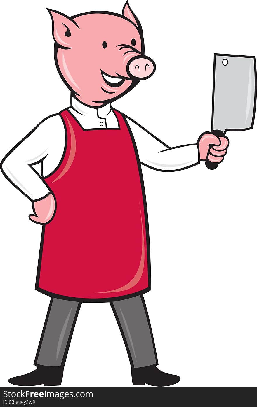 Illustration of a pig hog butcher holding meat cleaver knife standing front view on isolated white background done in cartoon style. Illustration of a pig hog butcher holding meat cleaver knife standing front view on isolated white background done in cartoon style.