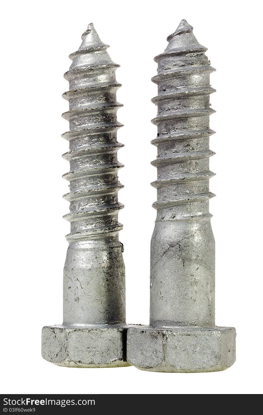 Close-up of metal screws isolated on a white background.