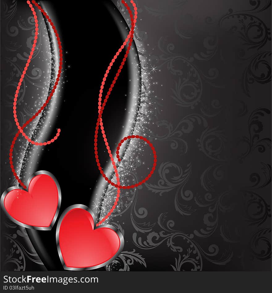 Two glossy red heart with chains on a black background. Two glossy red heart with chains on a black background