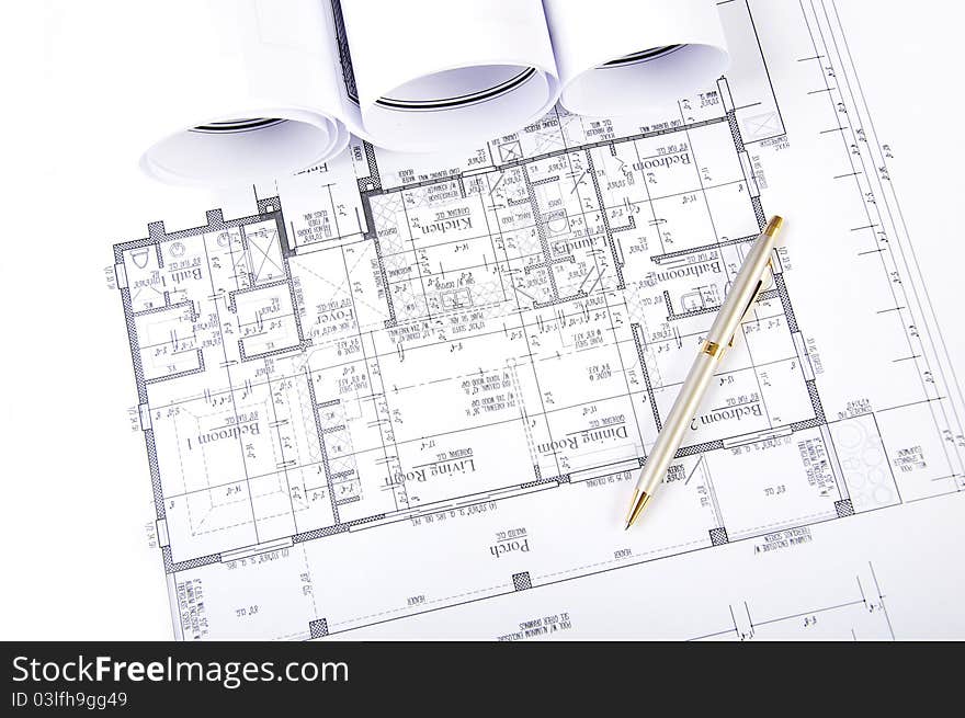 Ball pen, charts, documents, blueprint