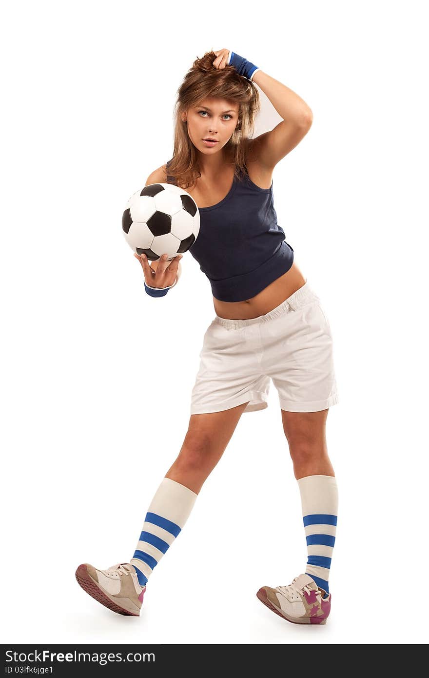 girl with soccer ball with over white background. girl with soccer ball with over white background